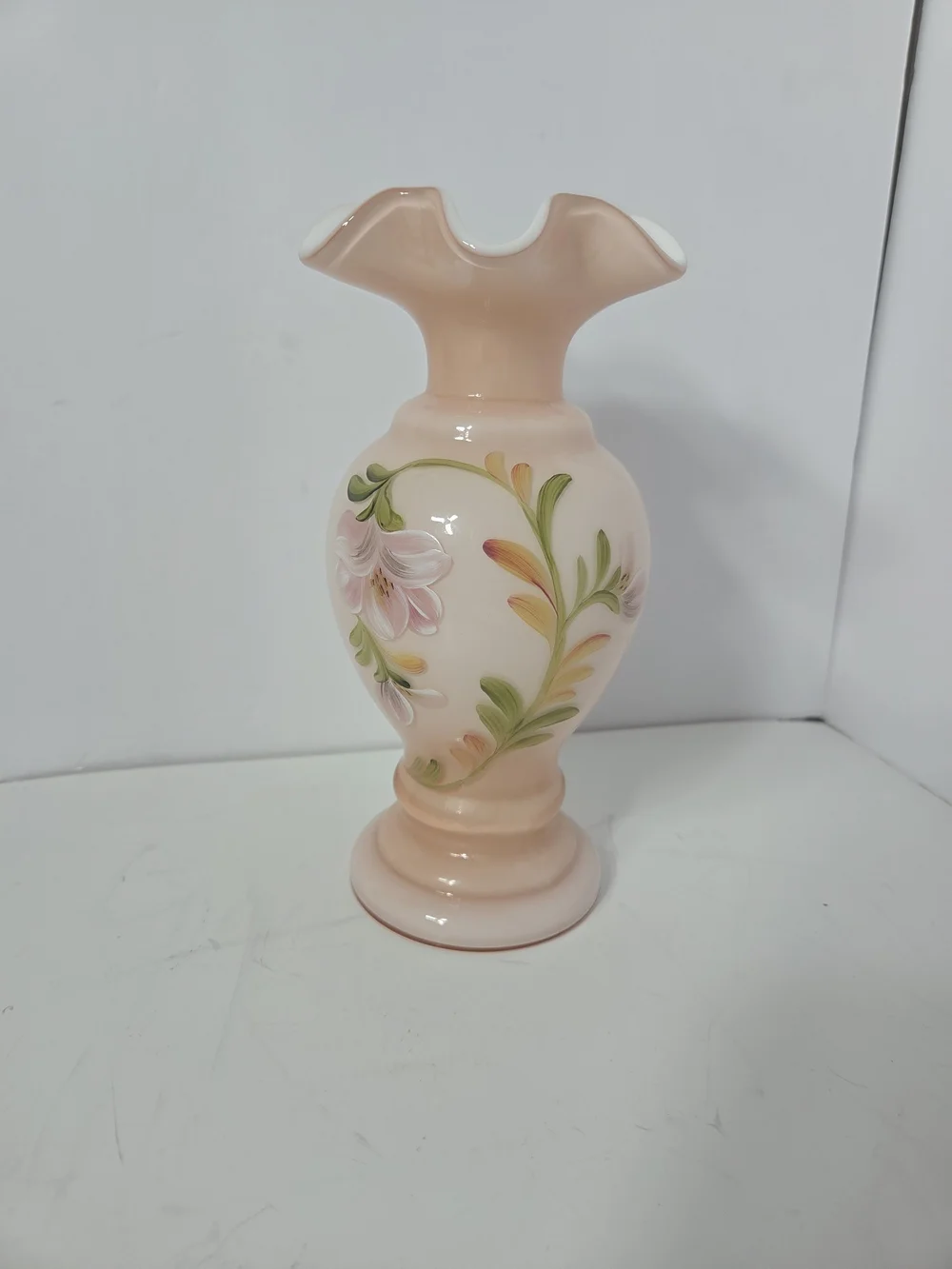 fenton HandPainted signed Peach Floral Glass Vase incased pink flower shaby chic